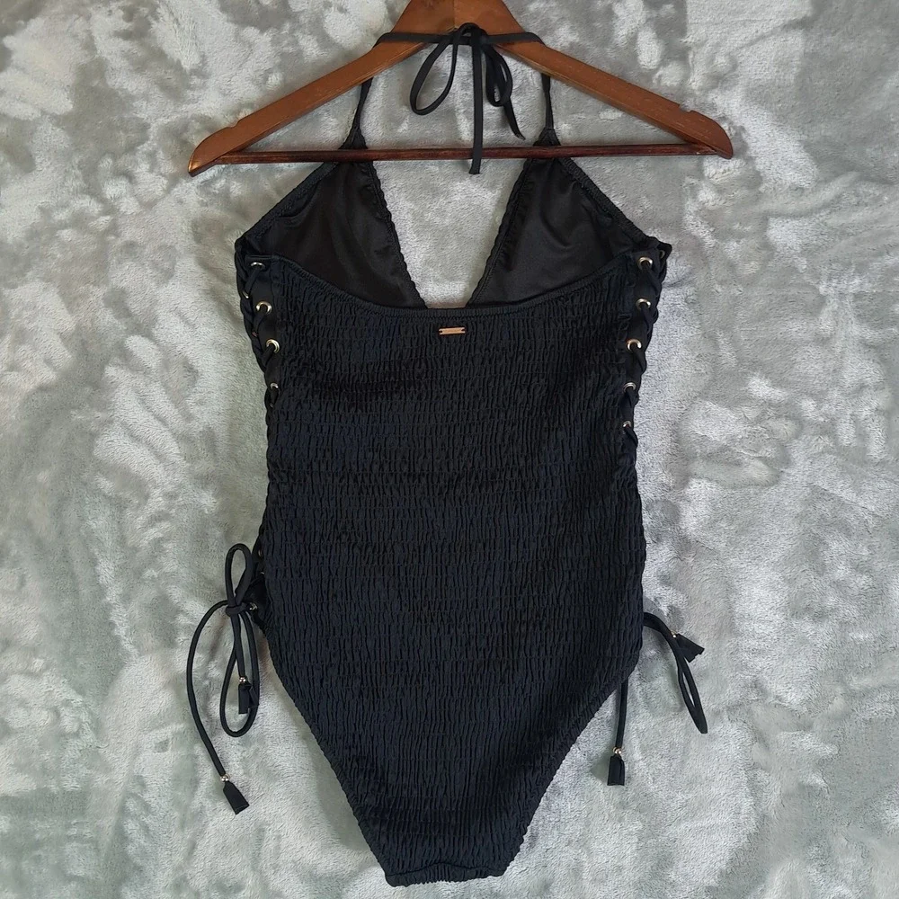 Victoria Secret Ensenada Smocked One Piece Swimsuit Medium M Black Lace Up 34777
